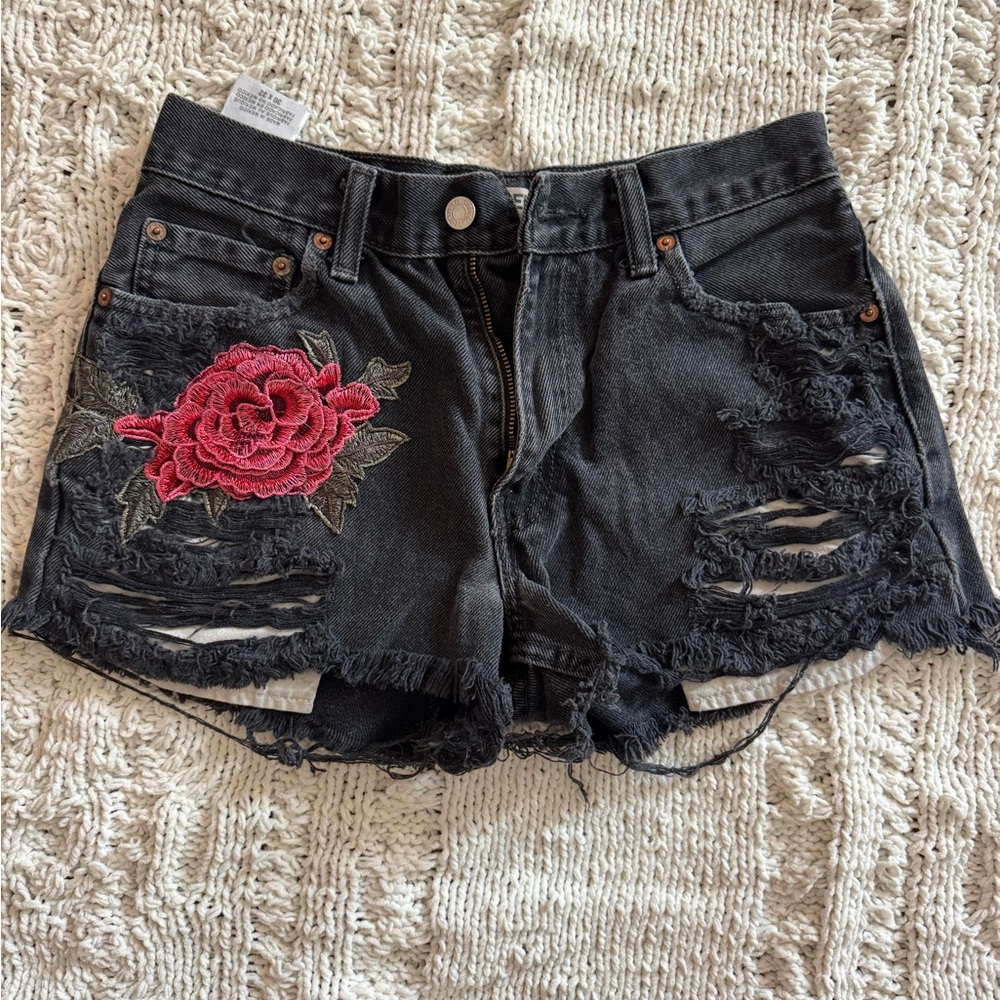 Levi's Black Denim Shorts with Red Floral Design *see notes
